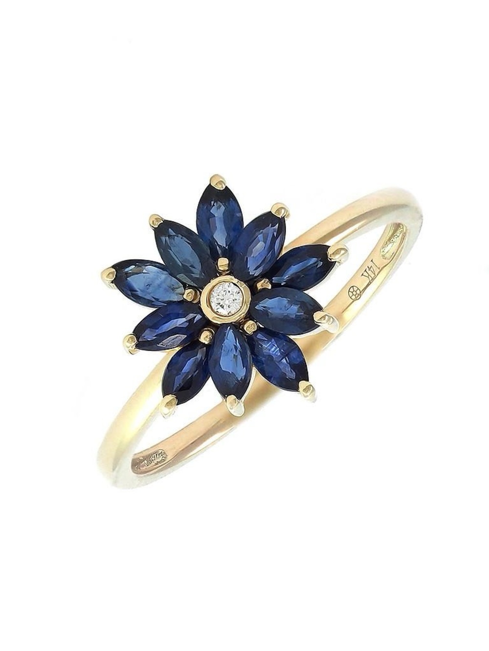 14K Real Yellow Gold Flower Marquise Prong Sapphire And Diamond Ring Size 6.5